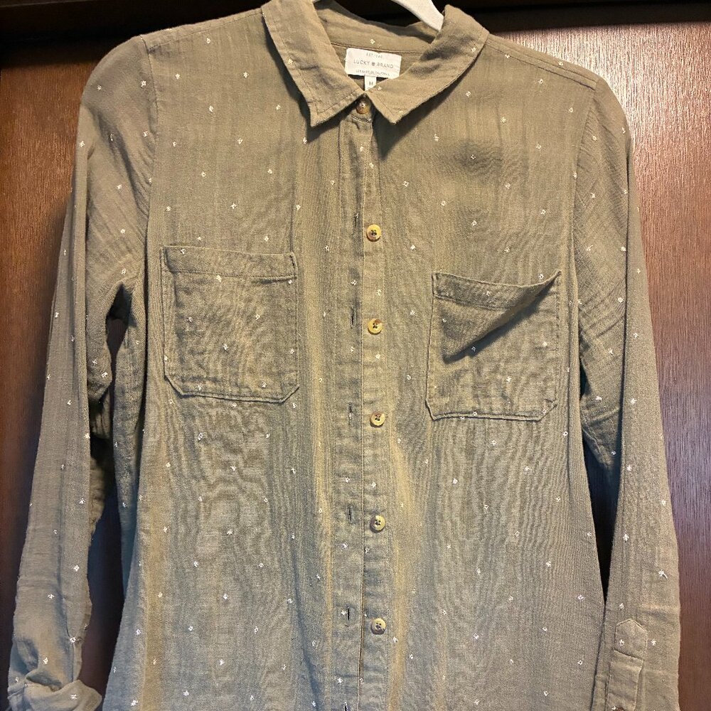 Lucky Brand Green and Gold Embroidery Button Shirt